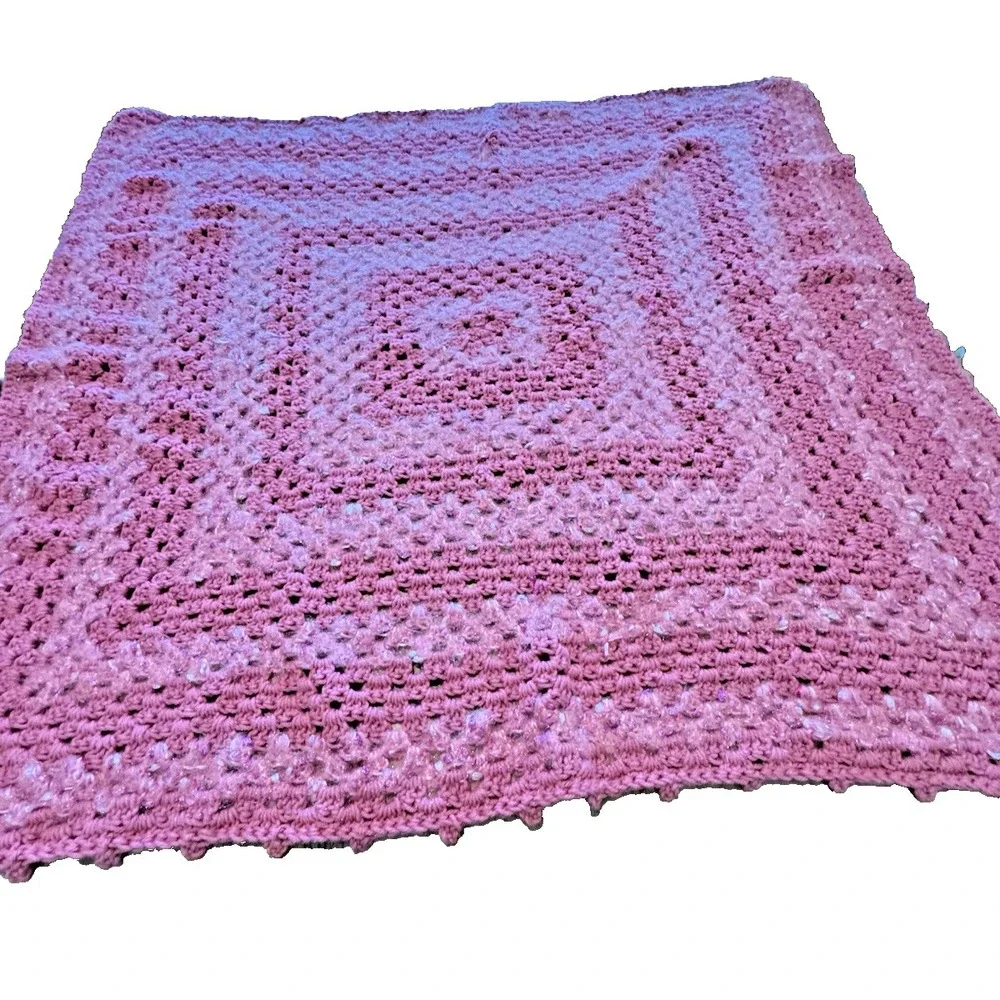 Vtg Crochet Wool Blend Pink Throw Blanket With Sparkle Accents Square 44